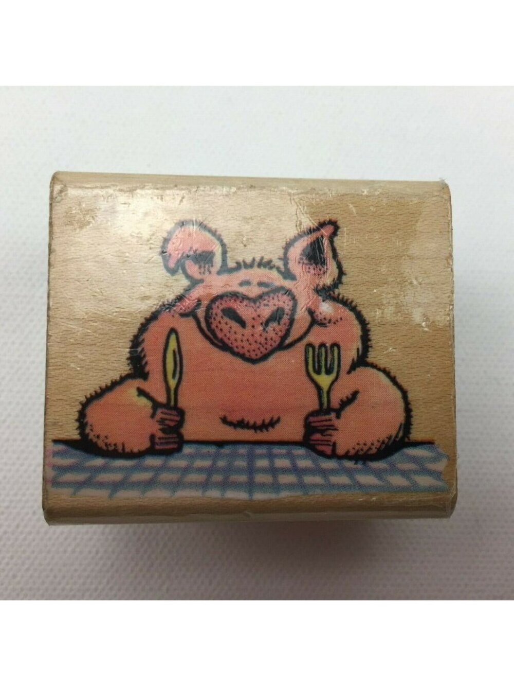 Vintage Pig Out Rubber Mounted Stamp 170E Happy Eating Table Food Piggy Fork 80s